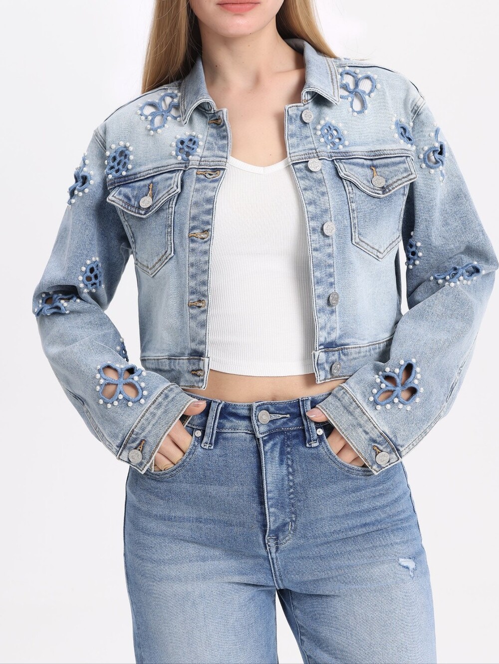 Bayeaa Beaded Cutout Light Wash Denim Jacket - Women's Blue